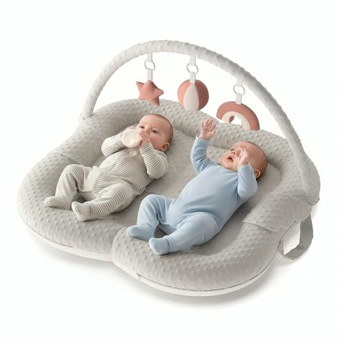 Twins Baby Play Mats for Floor Activity Gym - 5-in-1 Support Cushion Baby Play Mat Tummy Time Mat for Supervised Bonding with Arch, Plush Toys, Flashcards & Development - Grey