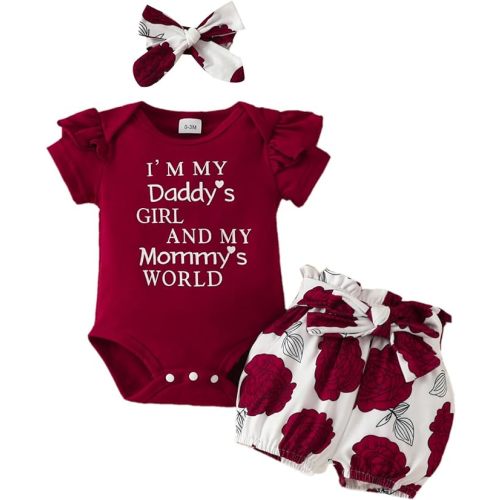 Newborn Baby Girls Clothes Summer Outfits Short Sleeve Saying Romper Bow Floral Shorts Headband