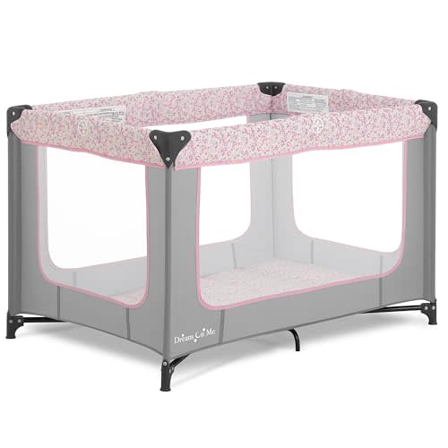Dream On Me Zodiak Baby Playard, Breathable Mesh Sides, Soft Comfortable Mattress, Quick & Easy to Fold with Travel Carry Bag, Compact Space Saving Design - Grey & Pink