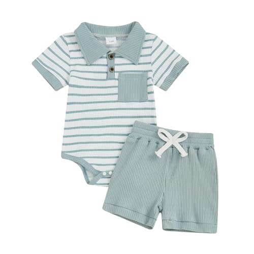 0-18M Baby Boy Summer Clothes Shorts Set Stripes Ribbed Bodysuit Polo Onesie Romper Tops Shorts Summer Outfit Set