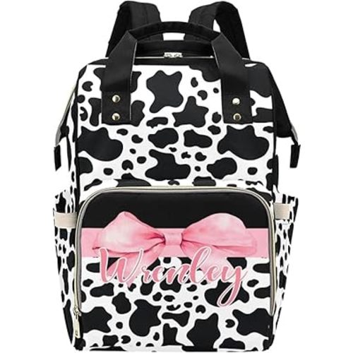 Personalized Diaper Backpack with Name for Mom, Custom Baby Bag Backpack, Waterproof Nursing Backpack with Insulated Bottle Pockets, Pink Bow and Cow Print Theme