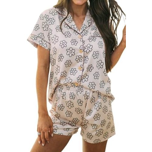 KevaMolly Womens Pajama Sets Floret Printed Pajama Shorts Set Short Sleeve Top and Shorts