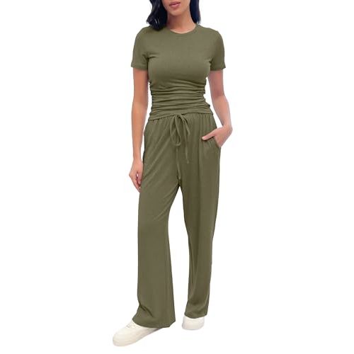 2 Piece Pajama Set for Women with Pockets, Short Sleeve Ruched Top, Wide Leg Pants with Drawstring, Soft Loungewear