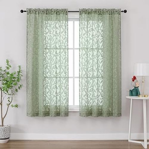 Gwine Sage Green Sheer Curtains 63 Inch Length 2 Panels Set, Light Filtering Leaf Jacquard Textured Soft Airy Living Room Bedroom Curtains, Elegant Rod Pocket Farmhouse Curtain, 42Wx63L Inches, 2PCS