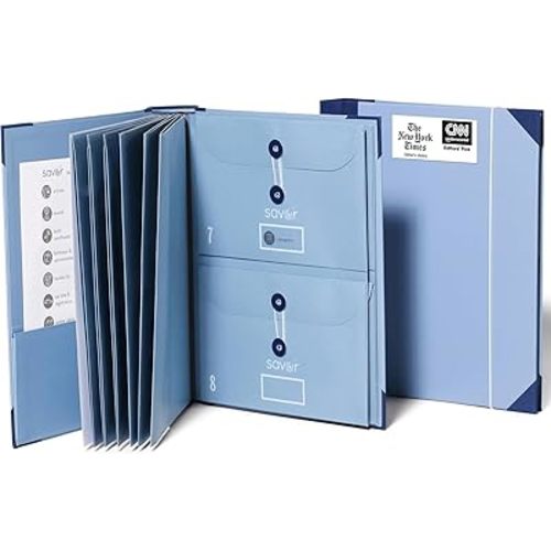 Savor | The Folio™ Document Organizer 2025 Edition | Acid-Free Custom Dyed Cloth-Bound Accordion File Organizer w/ 10 Expandable Pockets | File Folders for Home Organization & Graduation Gift (Blue)