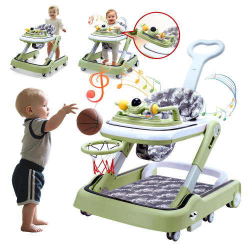 WonderStone 7 in 1 Baby Walker, Foldable Push Walker with Wheels and Mini Basketball Hoop, Music & Light, Baby Bouncer, Baby Activity Center for Boy Girl 6-12 Months (Green)