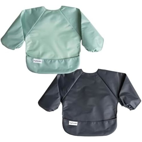 Tiny Twinkle Long Sleeve Bib for Babies & Toddlers | 2-Pack Waterproof Smock Bib for Eating | Machine Washable & Mess-Proof Feeding Essentials | Newborn Shower Gift (Sage Charcoal,6–24M)