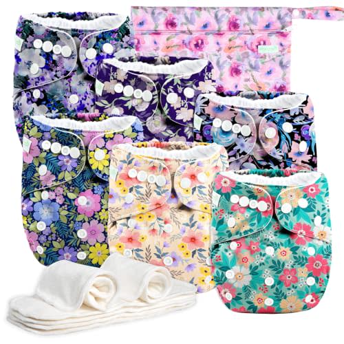 wegreeco Cloth Diapers 6 Pack with 6 Inserts & 1 Wet Bag, Washable Cloth Diapers for Babies, One Size Adjustable Reusable (Sea of Flowers)