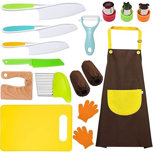 14 Pieces toddler knife, Kids Knife Set Include Wood Kids Safe Knife, Plastic Toddler Knife, Cutting Board, Apron, Y Peeler, Crinkle Cutter, Kitchen Sleeves Covers, Gloves, Sandwich Cutter