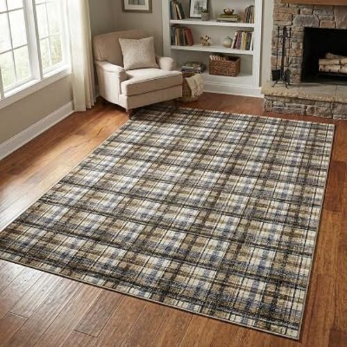 Modern Plaid Area Rug 5x7 Washable Rugs for Living Room Non Slip Low Pile Non-Shedding Carpet Soft Thin Neutral Indoor Foldable Checkered Rugs for Bedroom Nursery Office Dorm Blue Camel