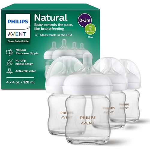 Philips Avent Natural Glass Baby Bottles with Natural Response Nipples (Slow Flow, Flow 2), 4oz, 3-pack, SCY910/03
