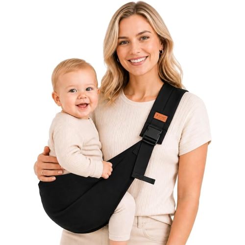 Biabyio Baby Sling Carrier, Baby Carrier Newborn to Toddler with Adjustable Strap, Non-Slip Baby Half Wrapped Sling Hip Carrier 10-30lbs, Black