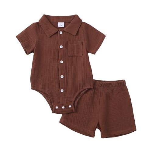 Jecson Newborn Boy Clothes Baby Boy Outfits Summer Cotton 2 Piece Set with Button Down Bodysuit and Shorts 0-18M