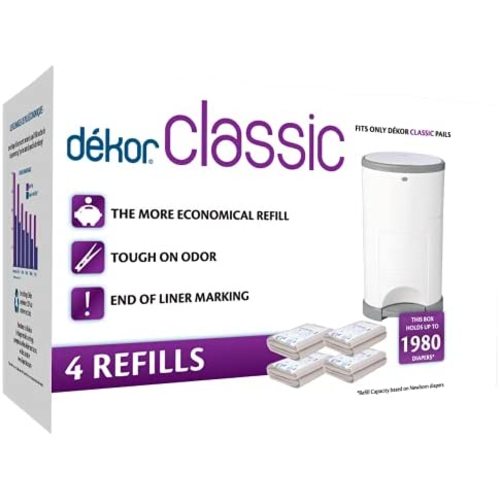 Dekor Classic Diaper Pail Refills | 4 Count | Most Economical Refill System | Quick & Easy to Replace | No Preset Bag Size – Use Only What You Need | Exclusive End-of-Liner Marking | Baby Powder Scent