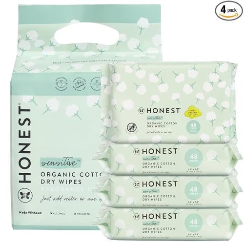 The Honest Company 100% Pure Organic Cotton Dry Wipes, Multi-Use Disposable Facial Cloths and Baby Wipes, Hypoallergenic and Gentle on Skin, 192 Count