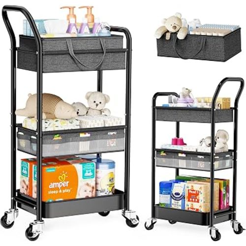 Baby Diaper Caddy Organizer Cart with Adjustable Shelf, Detachable Dividers