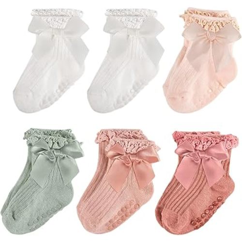 Baby Girl Socks,Ruffle Grip Bows,Toddler Newborn Infant,6 Pairs