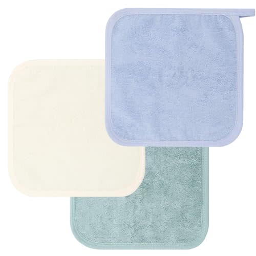 LifeTree 3 Pack Baby Washcloths for Newborn, 100% Cotton Face Towels for Babies, Infant, Toddler and Kids, Thick,Soft and Absorbent, 10.2 * 10.2 Inches, Newborn Essentials-White,Blue,Green