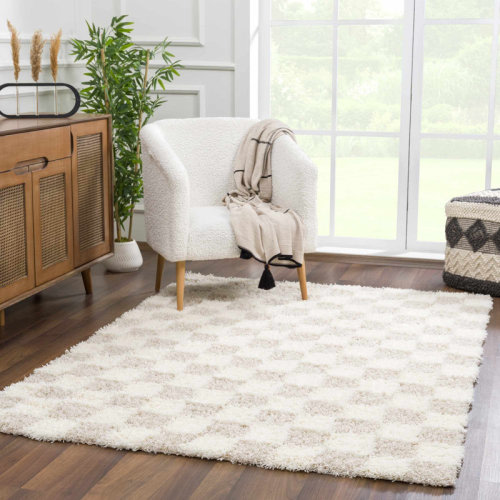 Latitude Run® Atiran Checkered Shag Beige Area Rug & Reviews | Wayfair