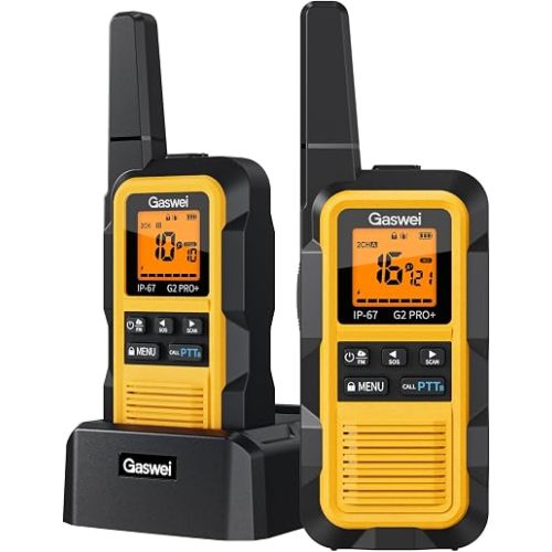 Gaswei G2pro+ IP67 Waterproof Floating Heavy Duty Walkie Talkies Long Range for Adults FRS Double PTT，FM radio,SOS,NOAA weather Rechargeable Two Way Radios 2 watts,VOX,Li-ion Battery (2 Pack - Yellow)