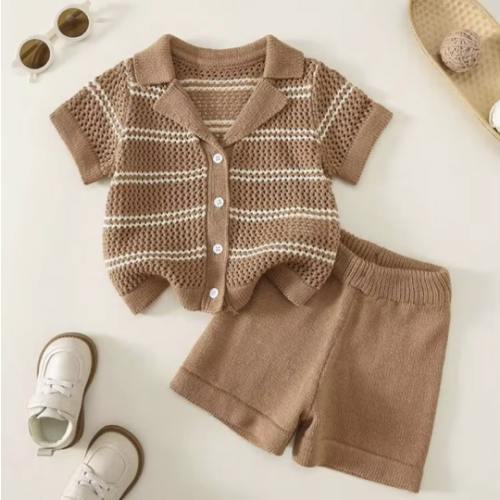 12-18M SHEIN Unisex Baby Boy/Girl Baby Boy 2pcs Spring/Summer Casual Cute Vacation Style Knitted Striped Short Sleeve Shirt Cardigan And Shorts Set, | SHEIN USA