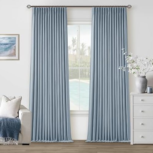Dusty Blue Pinch Pleat 100% Blackout Linen Bedroom Curtains 96 Inch Length