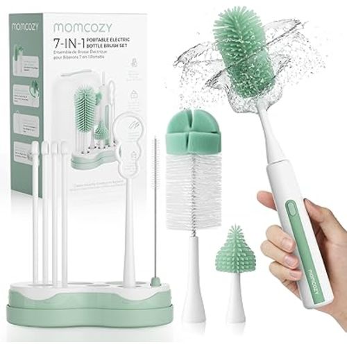 Momcozy 7 in 1 Electric Bottle Brush Kit, Portable Cleaning Set with Formula Mixer, Silicone Brush, Nipple Brush, Straw Brush, Soap Dispenser, Drying Rack - Long Battery Life for Home & Travel