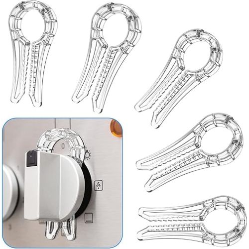 Gas Stove Knob Locks, Gap-fit Pin for Stove Knobs, for Knob Gap at Least 0.27", Baby Proofing Stove Knob Safety Covers, Stove Guard Clear, Pack of 5, with 1 Extra Piece for Back Up