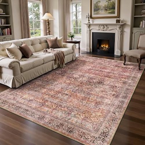 6x9 Area Rugs - Washable Vintage Retro Living Room Rug, Soft Ultra Thin Non Slip Low Pile Traditional Distressed Boho Carpet for Bedroom Dining Room Nursery Home Office, Vintage Iron Red