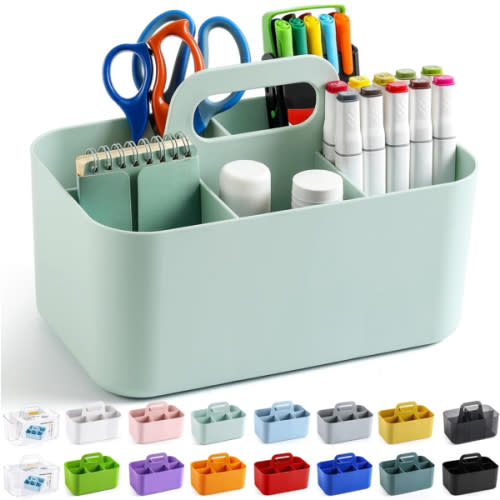 Amazon.com: Multiuse Caddy Organizer with Handle - Stackable Plastic Tote Bin - Art Craft Supplies, Office, Desk, Stationery Pen Holder, Kitchen, Utensil, Makeup, Bathroom, Shower, Cleaning, Dorm Organizer - Mint : Office Products