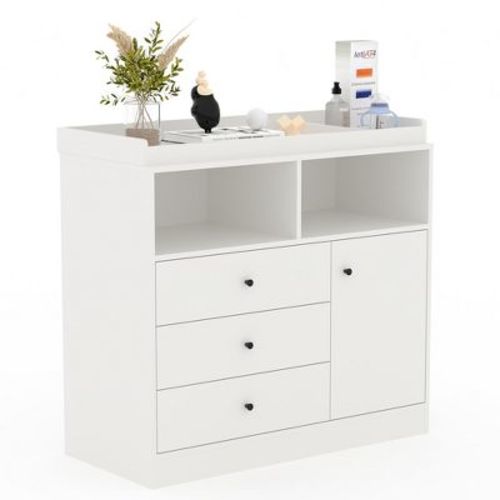 Nursery Dresser with Changing Table Top - Tall Wooden Diaper Changing Station with 2 Open Shelves, 3 Drawers, and 1 Cabinet