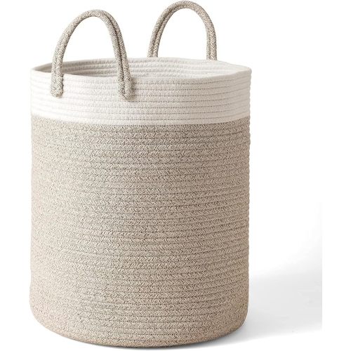 LA JOLIE MUSE Woven Basket Rope Storage Baskets - Large Cotton Organizer 16 x 14 x 14 Inches, Basket for Baby Blanket, Kids Toy Nursery Laundry Basket - White & Desert - L 14 × W 14 × H 16