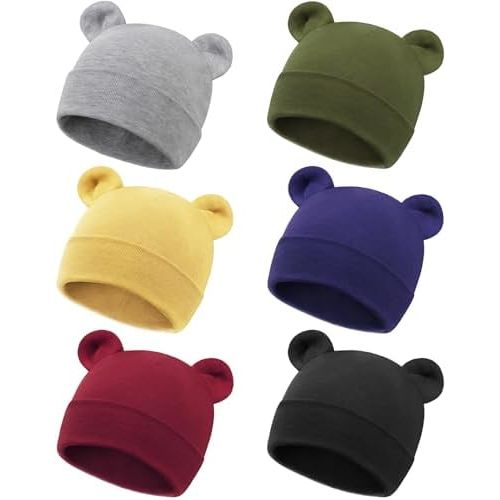 DRESHOW BQUBO 6 Pcs Newborn Baby Beanie with Bear Ears Cotton Hospital Hat Preemie Infant Caps for Baby Boy Girls 0-6 Months
