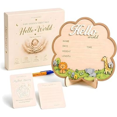 Hello World Newborn Sign – Elegant 3D Wooden Baby Announcement Sign with Whimsical Safari Animal Details for Nursery Styling & Baby Shower Memories, Hospital Bassinet Photos