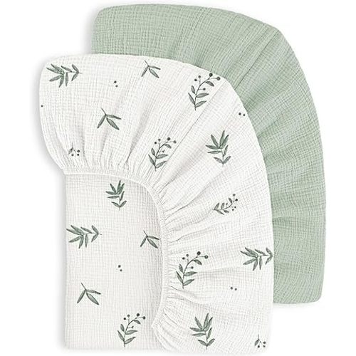 Susurration Muslin Crib Sheets 100% Cotton Baby Crib Sheets Fitted Standard Crib Mattress, Soft & Breathable Baby Sheets for Baby Girls Boys (Green Leaves)