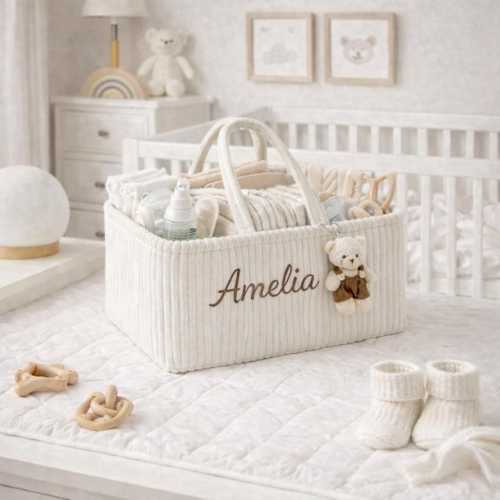 Personalized Baby Storage Basket With Teddy Bear– Custom Name Nursery Basket – Newborn Gift – Neutral Baby Room Decor – Teddy Bear Organizer