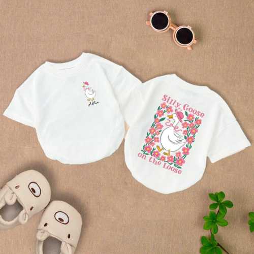 Personalized Silly Goose On The Loose Baby Romper Short Sleeves, Coquette Bow Duck Romper, Boho Floral Goose Bodysuit, Goose Lover