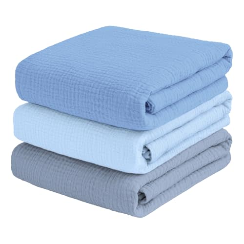 breebleep Muslin Swaddle Blankets for Baby Boy - 3 Pack 47x47 Inch Large Receiving Blankets, Soft Breathable Cotton Nursery Swaddles for Newborns, Infant & Todler, Blue
