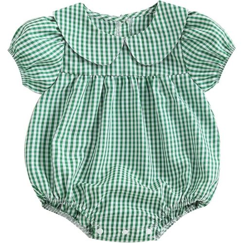 Baby Girl Summer Outfit Plaid Print Peter Pan Collar Short Sleeve Bubble Romper Gingham Bodysuit Infant Spring Clothes