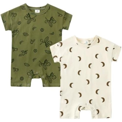 Kids Tales 2Pack Baby Short Sleeve Snaps Romper Infant Boys Girls Cotton Pajamas Toddler Printed Bodysuit Summer Jumpsuit PJS