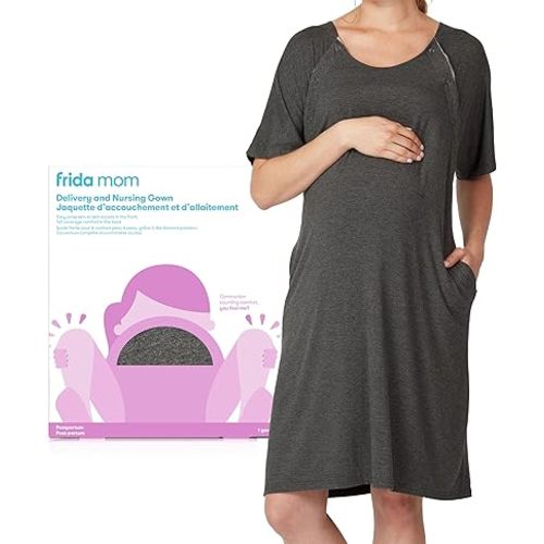 Frida Mom Labor and Delivery Gown for Hospital, Easy-Snap, Tagless Nursing Gown with Skin-to-Skin Access and Full Coverage in The Back