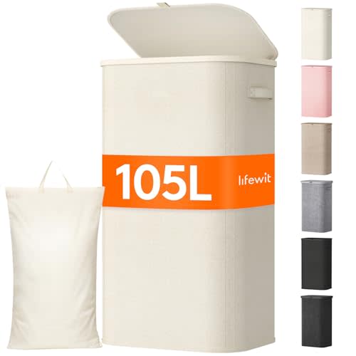 Lifewit 105L Large Laundry Basket with Lid, Laundry Hamper with Plastic Handles and Removable Bag, Foldable Tall Dirty Clothes Hampers for Laundry for Laundry Room, Bedroom, Bathroom, Dorm, White