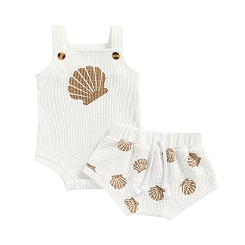 Ursobutegl Newborn Baby Girl Summer Outfits Ribbed Sleeveless Romper Bodysuit Top and Ruffle Shorts Headband Clothes Sets