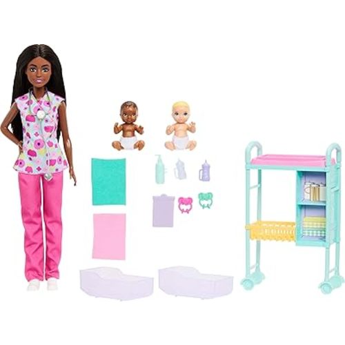 Barbie Careers Baby Doctor Playset with Brunette Doll Wearing Scrubs, 2 Baby Dolls, Examination Table & Accessories