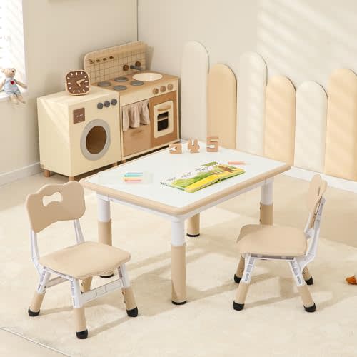 Kids Table and 2 Chairs Set, Height Adjustable Toddler Chairs, Graffiti Desktop Study with Anti-Slip Foot Covers, Children Activity Set for Ages 3-8