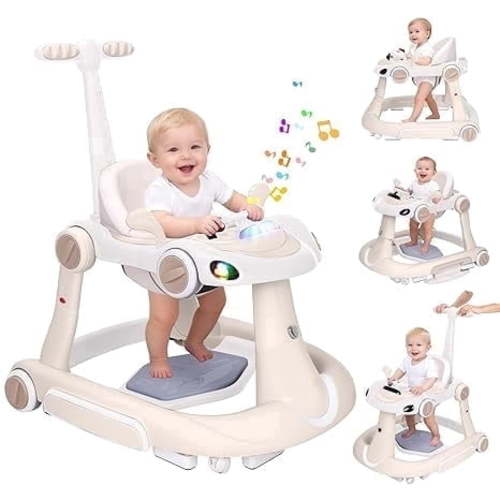Baby Walker, 5-in-1 Foldable Infant Toddler Walker for Boys Girls 6-18 Month, Music Walker for Baby with Car Steering Wheel & Removable Footrest,Baby Push Walker Beige
