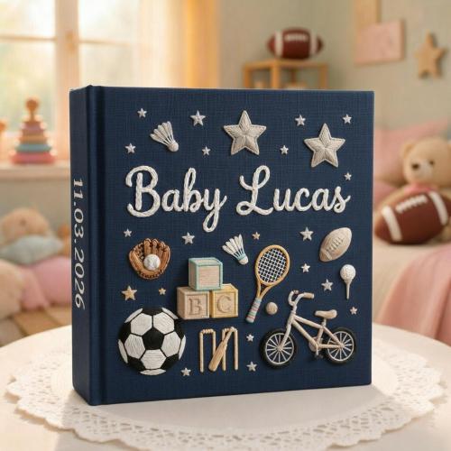 Custom Embroidered Baby Boy Album, Hand Embroidered Sports Theme Memory Book, Personalized Baby Gift For Her