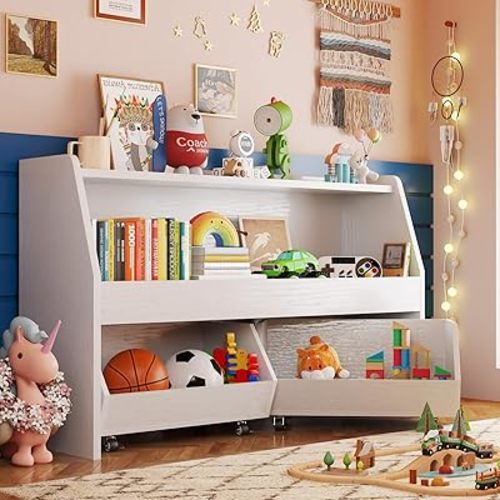 COZPAW Toy Storage Organizer with Movable Drawers, Toys Organizer Bookshelf for Toddlers, Toys Cabinet Chest, Bookcase Storage Bins for Kids Room Bedroom Living Room Nursery, 2 Tier Natural White