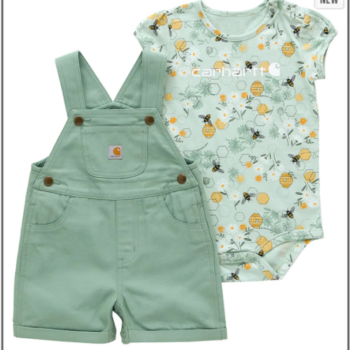 Girls' 2-Piece Short Sleeve Bee Bodysuit & Canvas Shortall Set (Infant) | 9M | Carhartt