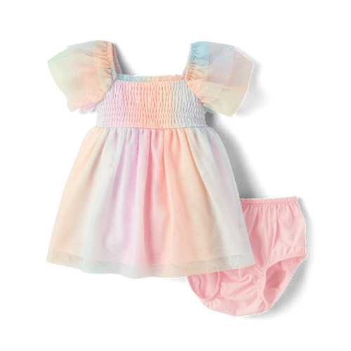 Baby Girls Rainbow Smocked Mesh Flutter Dress - Pink